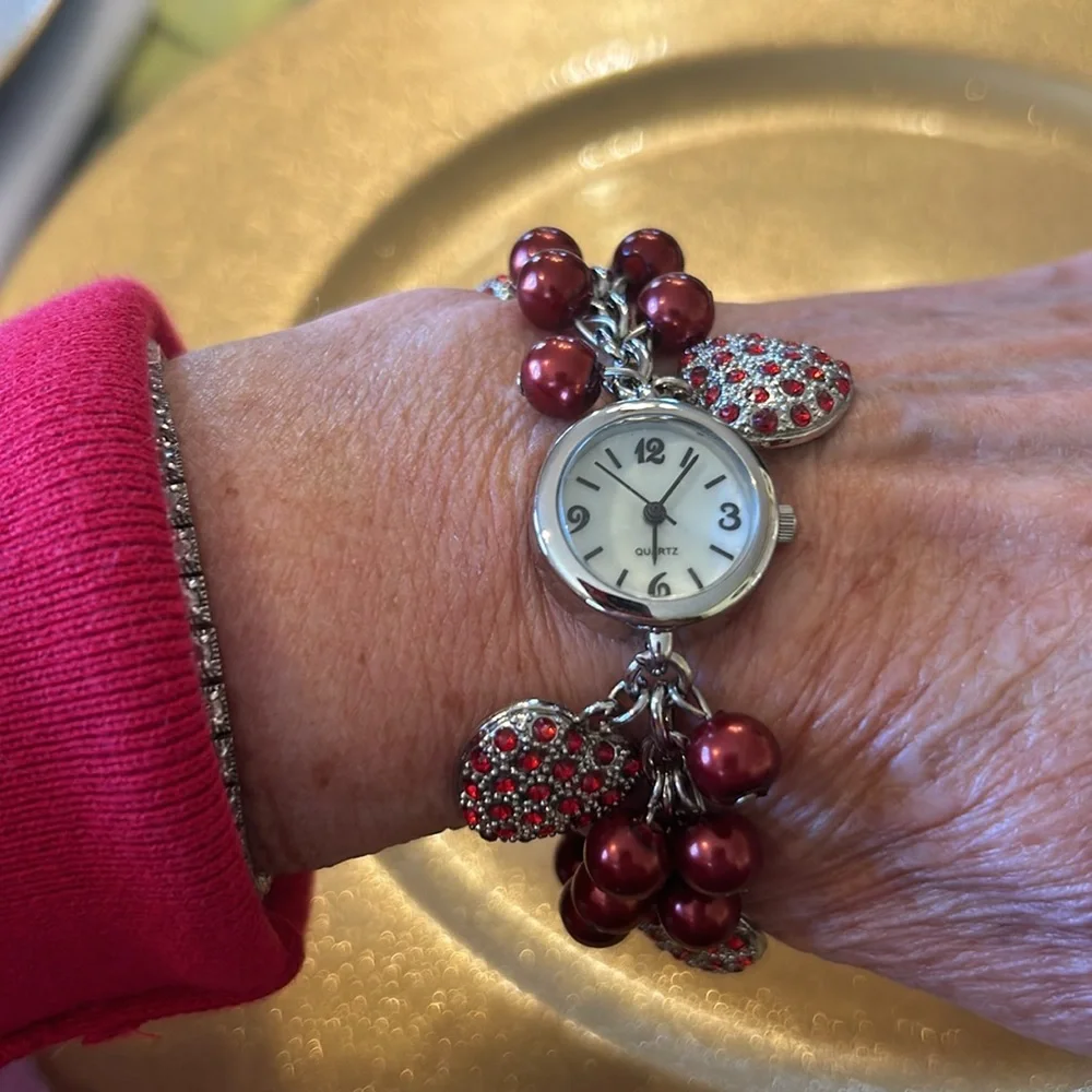 Quartz Watch Bracelet with Red Beads & Hearts on Silver Chain; Watch not working